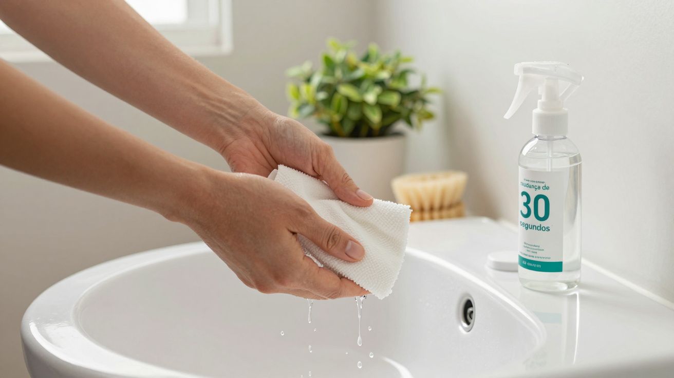 Mãos a lavar pano branco sobre lavatório com frasco de spray ao lado e planta no fundo.