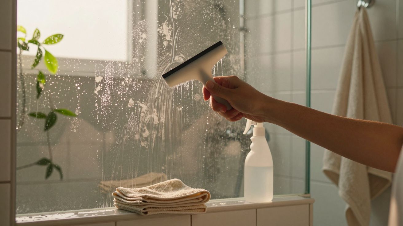 Mão a usar um rodo para limpar vidro de chuveiro, com toalhas e spray ao lado.