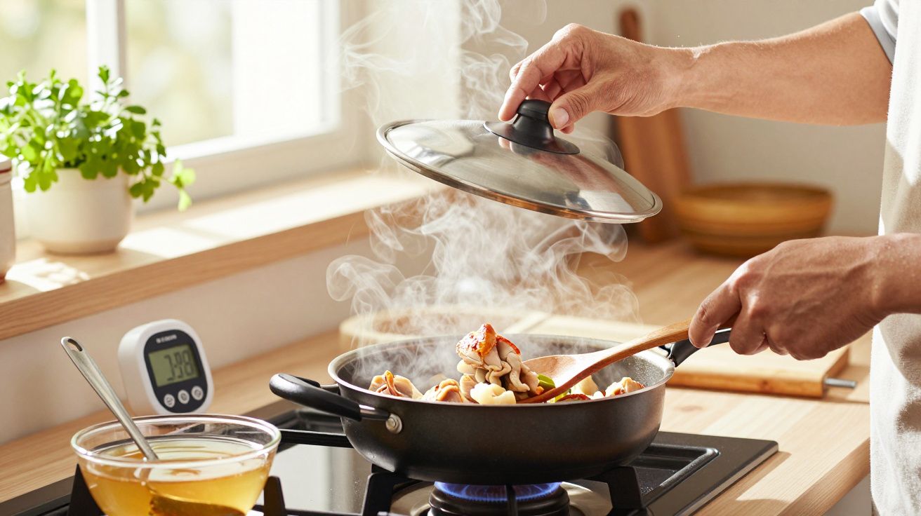 Pessoa cozinha legumes numa frigideira ao lume, levantando a tampa. Há um temporizador e uma tigela ao lado.