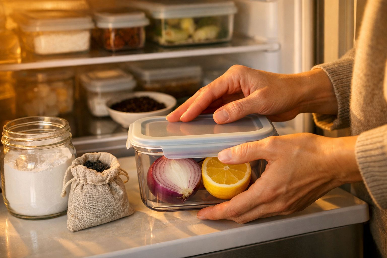 Mãos seguram um pequeno frasco dentro de um frigorífico, rodeado por alimentos armazenados em recipientes e garrafas.