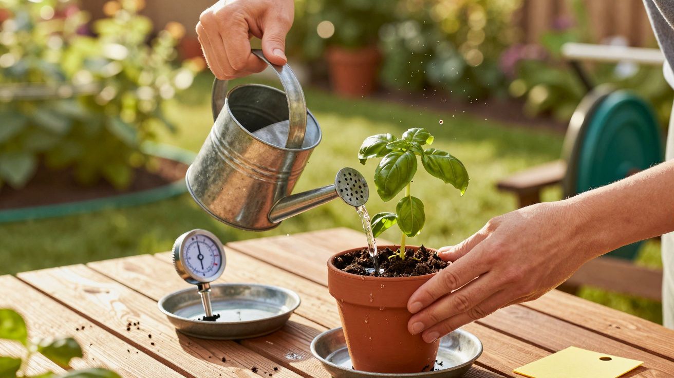 Pessoa a regar manjericão num vaso de barro, com regador metálico e medidor de temperatura na mesa de madeira.