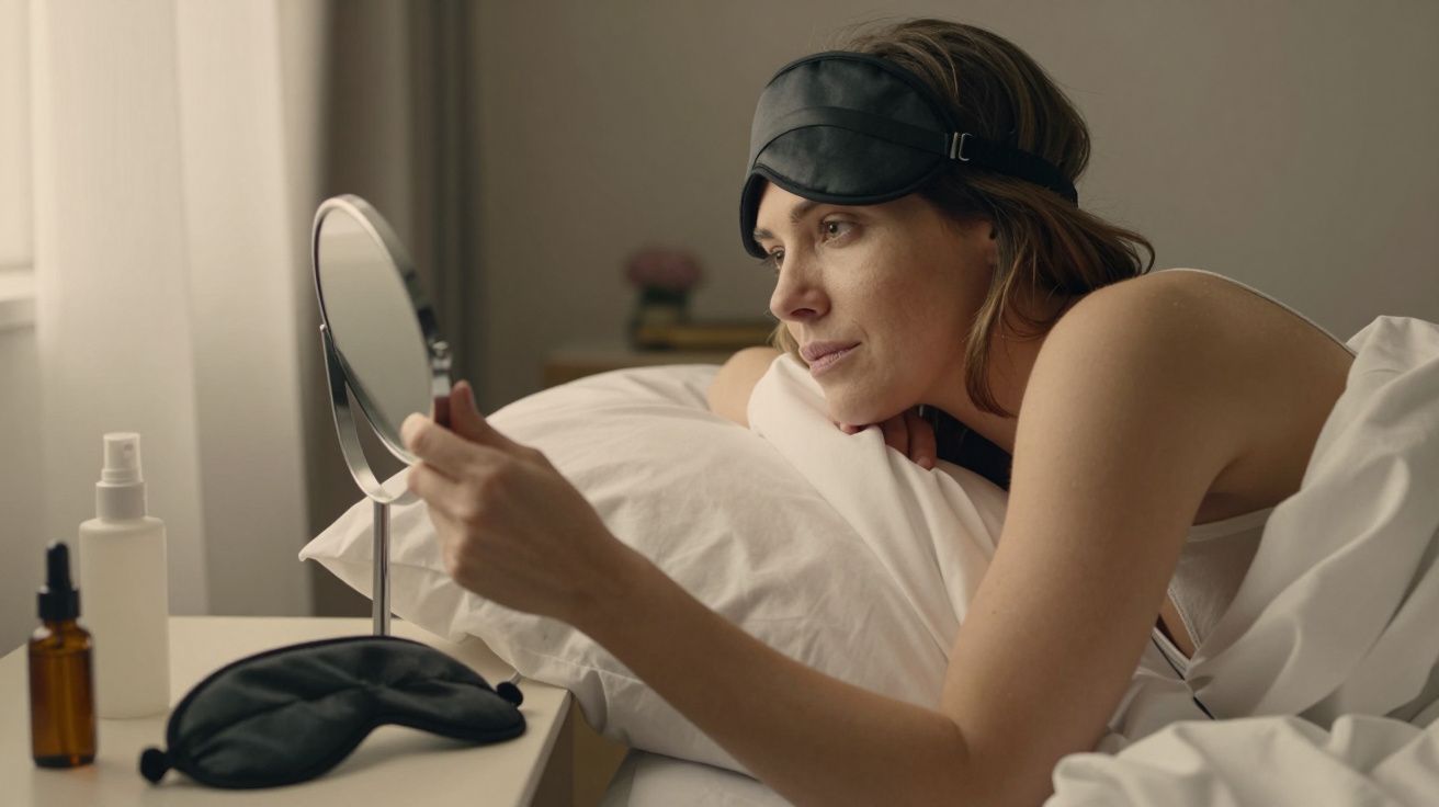 Mulher deitada na cama, com venda nos olhos, olhando para um espelho de mão, frascos de cosméticos na mesa de cabeceira.
