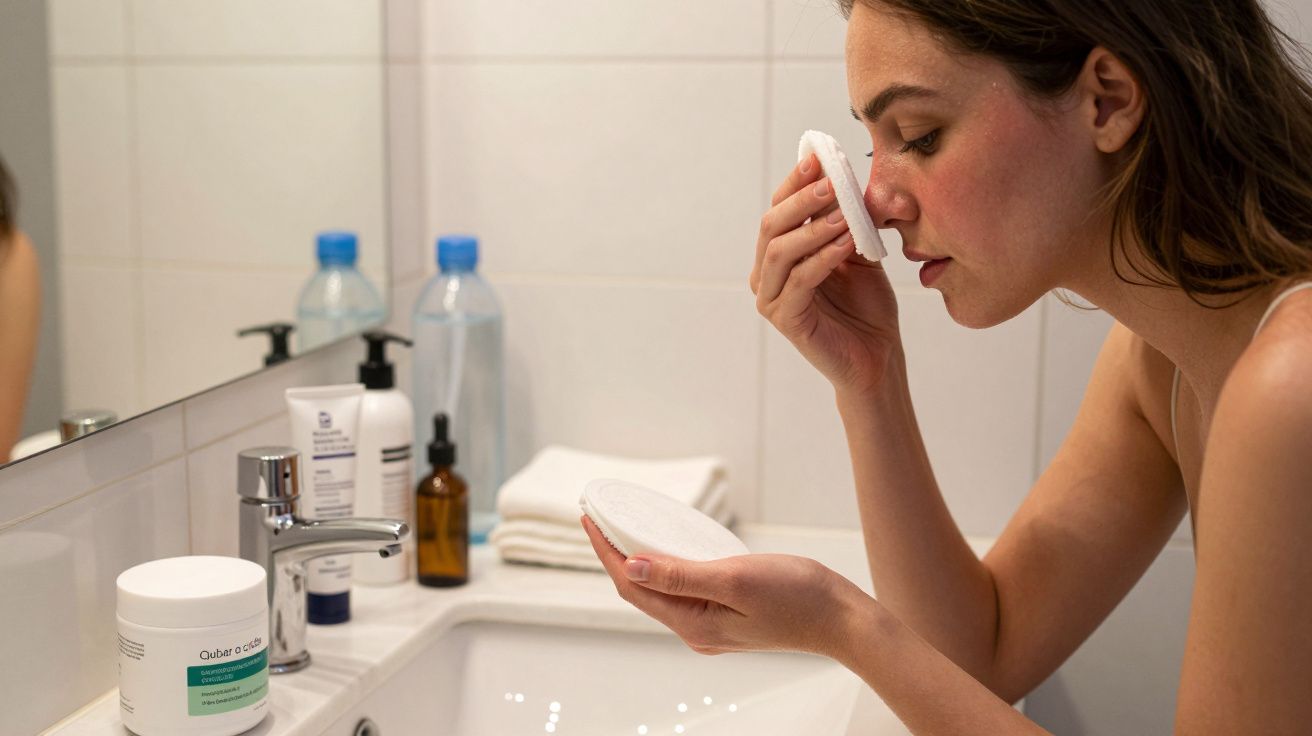 Mulher limpa o rosto com disco de algodão em frente a um lavatório com produtos de cuidados pessoais.