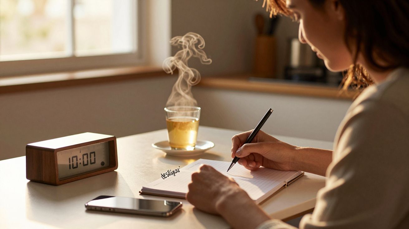 Mulher escreve em caderno numa mesa com chá fumegante, telemóvel e relógio a marcar 10:00.