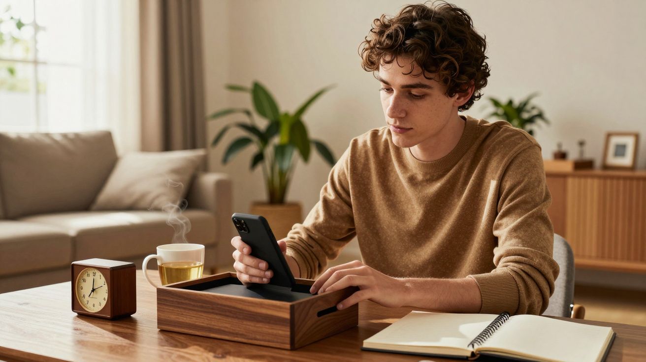 Jovem sentado à mesa, colocando telemóvel numa caixa de madeira, com chá a fumegar e caderno aberto, em sala iluminada.
