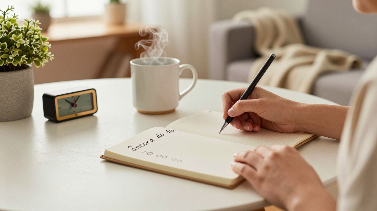 Pessoa escreve em caderno à mesa com café fumegante, despertador e planta ao lado.