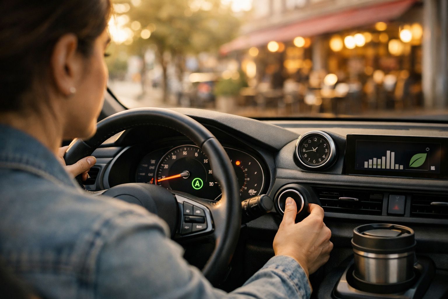 Pessoa a conduzir carro numa estrada urbana, mãos no volante e painel de controlo visível.