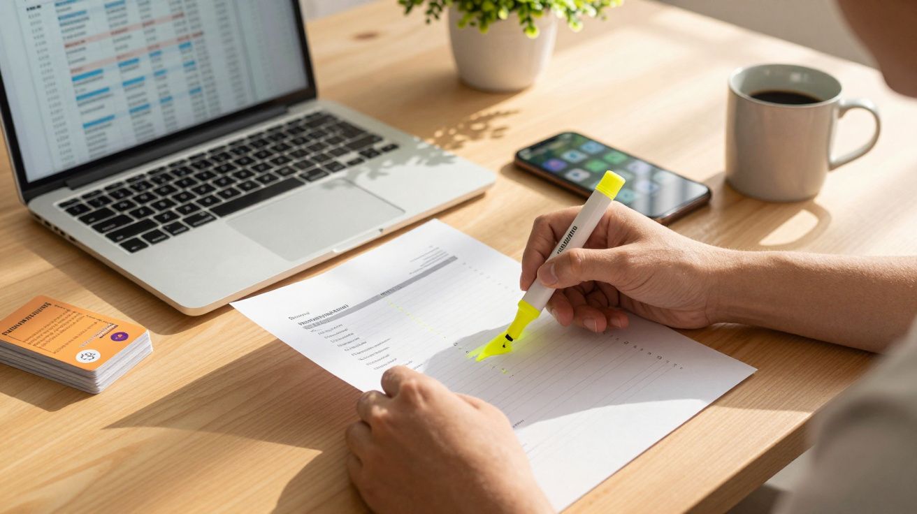 Pessoa a destacar documento com marcador amarelo, notebook e smartphone sobre mesa.