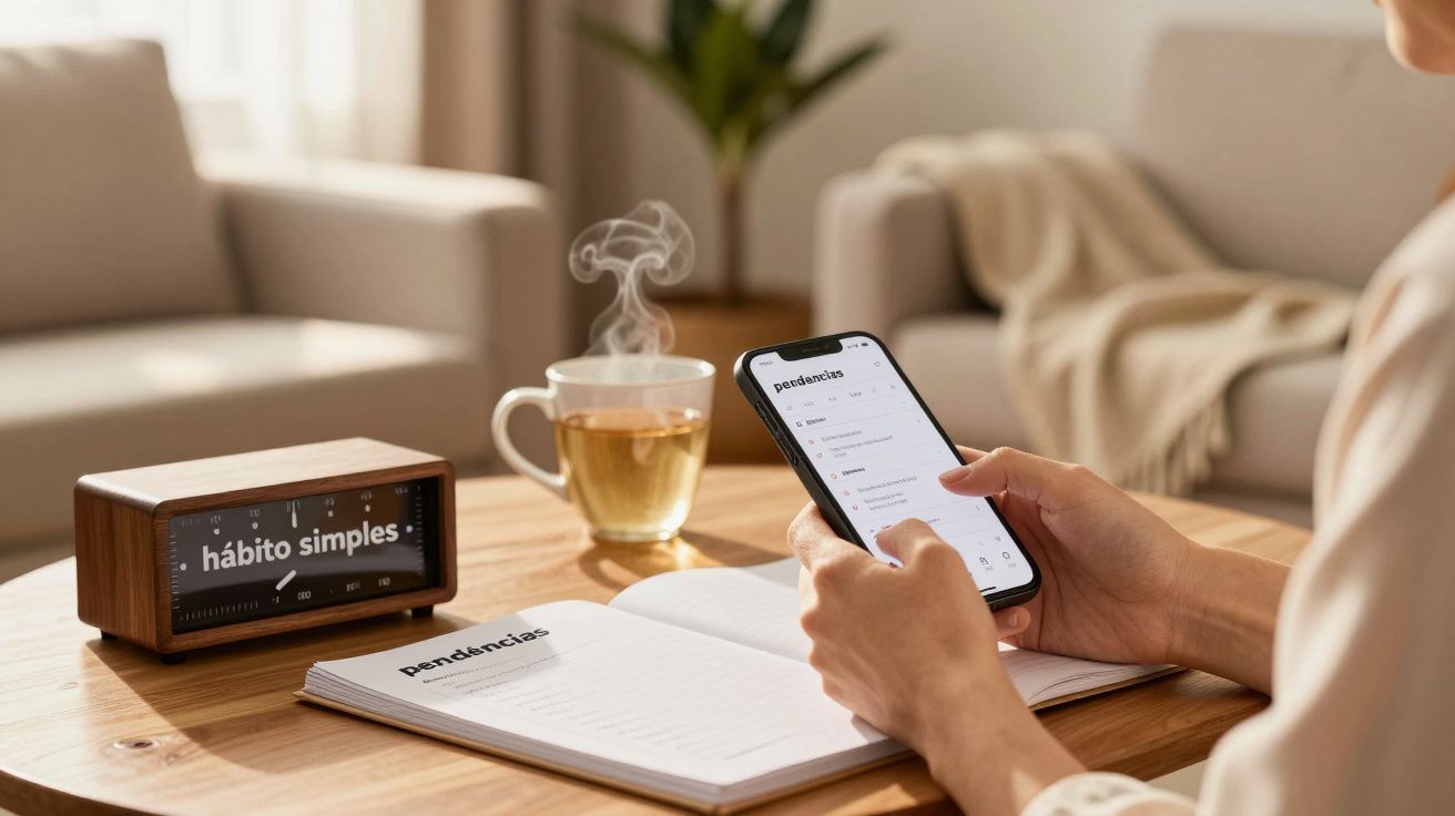 Pessoa usando telemóvel e bloco de notas numa mesa com chá ao lado e relógio mostrando "hábito simples".