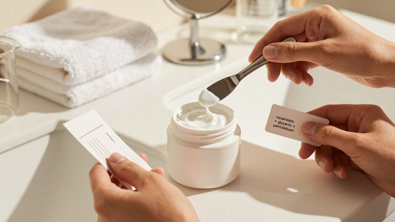 Mãos segurando espátula e pote de creme branco, toalha e espelho ao fundo em bancada de banheiro.