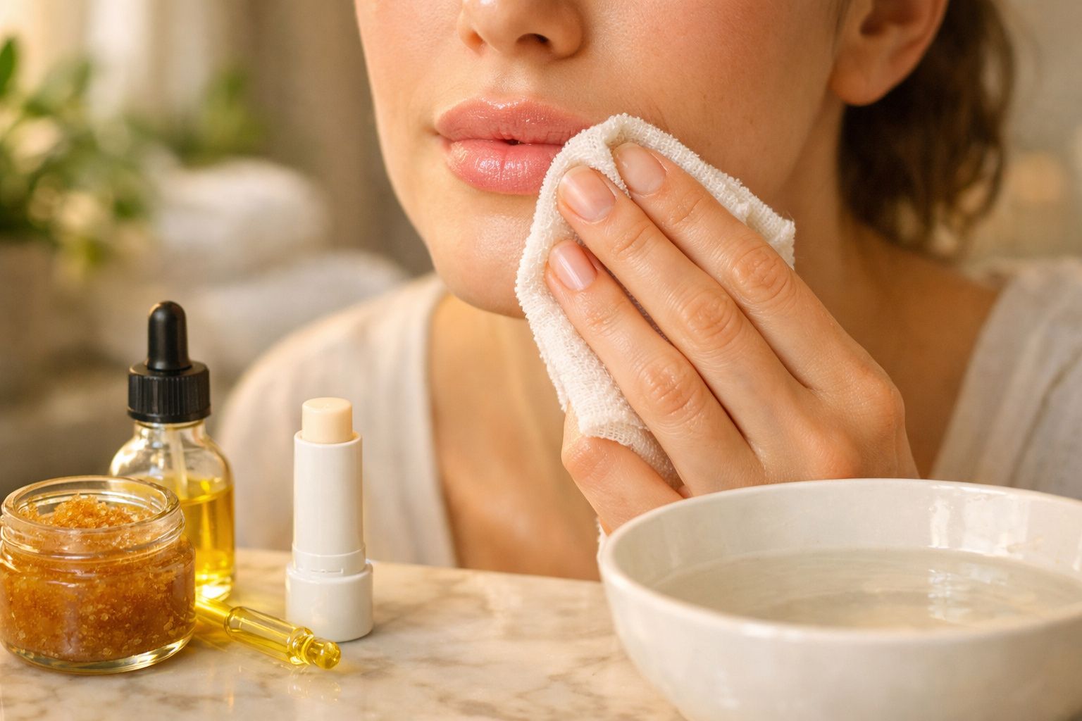 Mãos vertem produto de limpeza num algodão, com lavatório ao fundo e planta decorativa.