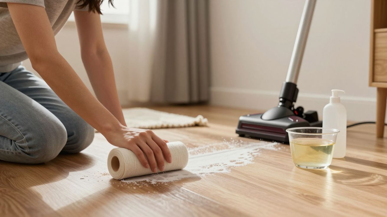 Pessoa a limpar líquido derramado no chão de madeira com rolo de papel e produtos de limpeza ao lado.