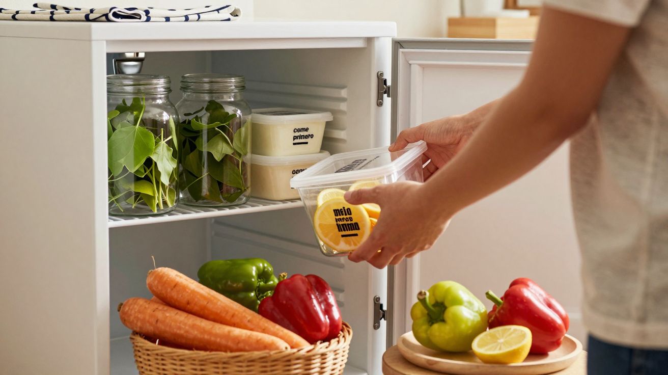 Pessoa a guardar comida num armário da cozinha, com vegetais frescos numa cesta e especiarias em frascos de vidro.