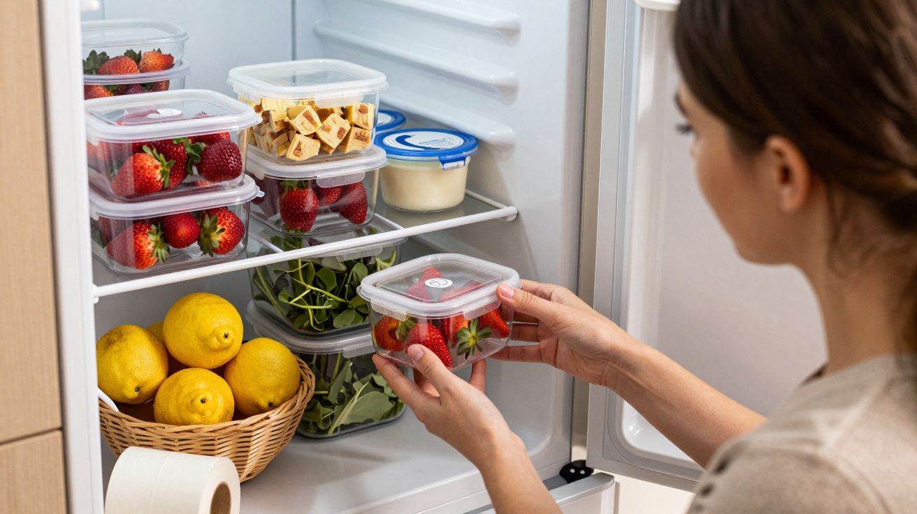 Mulher organiza morangos em caixas dentro de um frigorífico, ao lado de limões e outros alimentos armazenados.