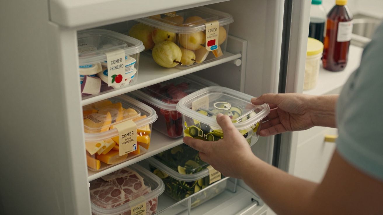 Mãos seguram tupperware de legumes numa prateleira de frigorífico, rodeado por recipientes etiquetados com alimentos variados