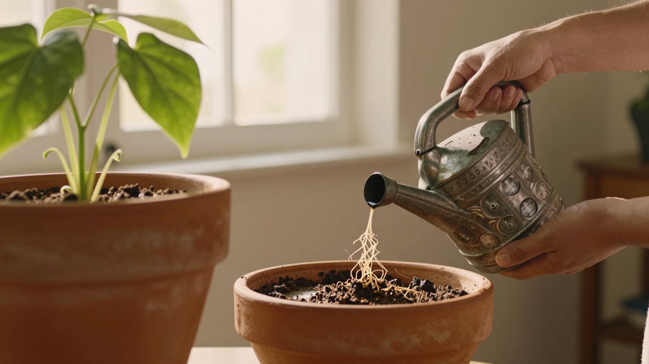 Mãos regam uma planta em vaso de barro com regador metálico, num ambiente iluminado por janela.