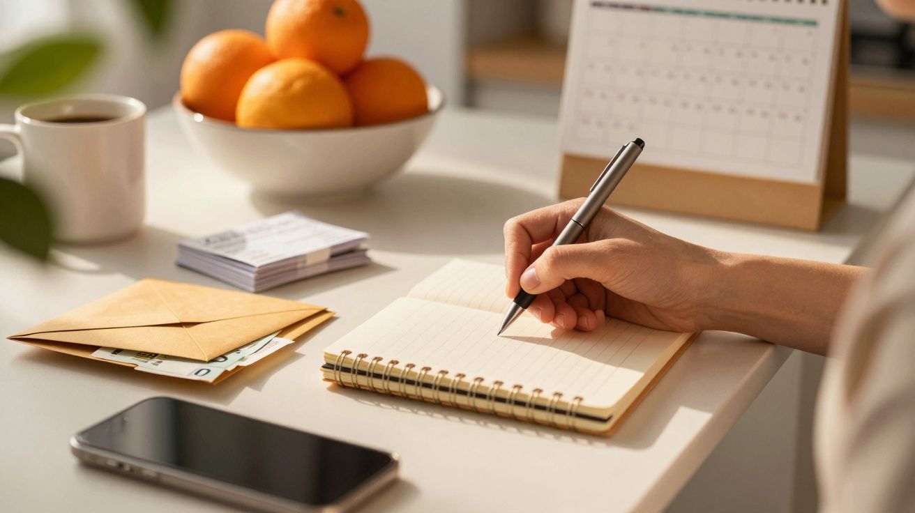 Pessoa escreve num bloco de notas numa mesa com envelopes, smartphone, laranjas, café e calendário.