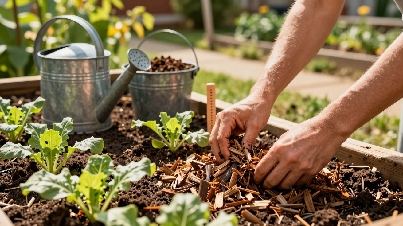 Mãos a espalhar palha num canteiro com plântulas e regador ao fundo.