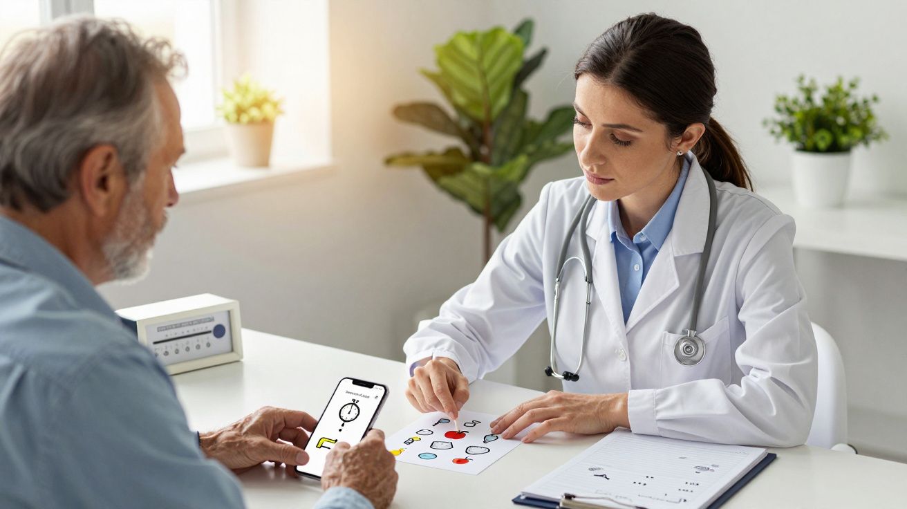 Médica explica teste de cognição a um paciente idoso em consultório, com gráficos coloridos à frente.