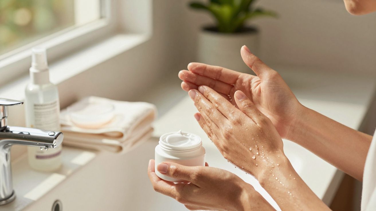 Mãos aplicando creme hidratante na pele ao lado de uma pia com toalhas e planta ao fundo.