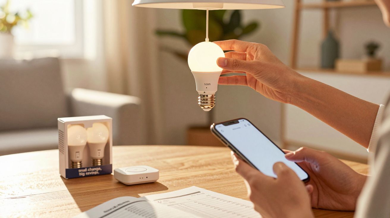 Pessoa ajusta lâmpada inteligente com smartphone numa sala iluminada. Caixa de lâmpadas ao fundo numa mesa de madeira.