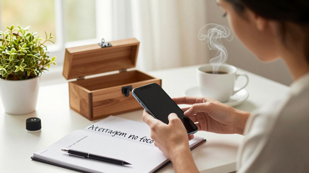 Mulher com telemóvel numa secretária, planta, caderno, caneca de café e caixa de madeira ao fundo.