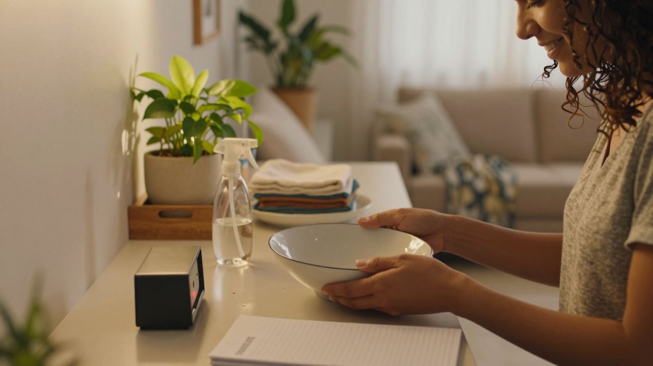Mulher sorrindo segura uma tigela em frente a um balcão com plantas, toalhas dobradas e um bloco de notas.