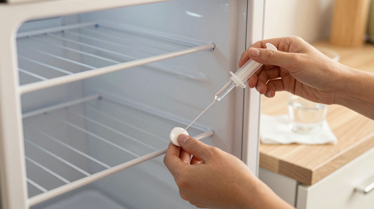 Mãos usando conta-gotas para aplicar líquido em algodão em frente a um frigorífico vazio aberto.