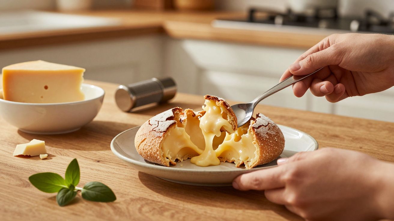 Pão sourdough com queijo derretido no interior, cortado ao meio, em cima de um prato numa mesa de cozinha.