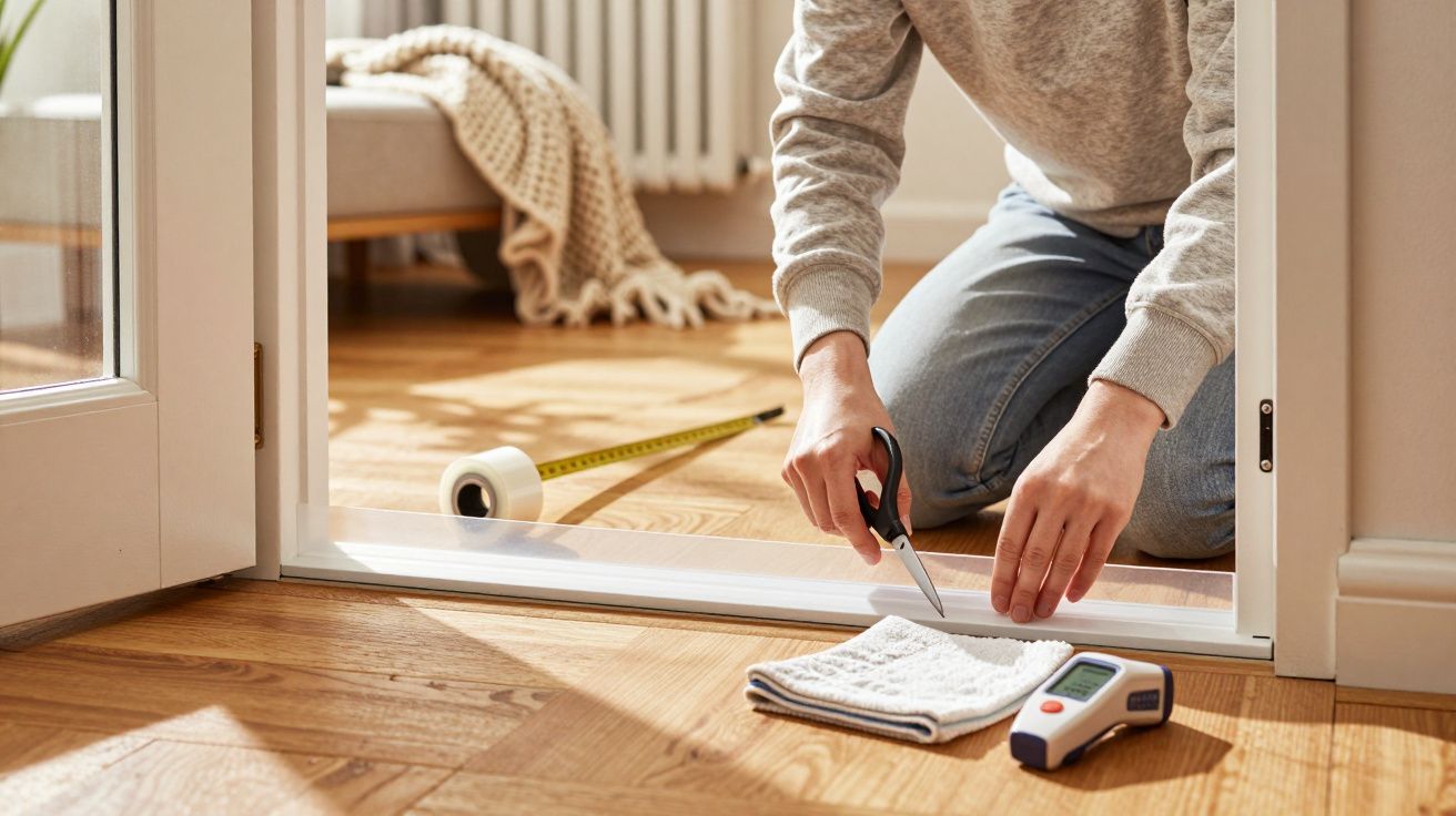 Pessoa corta adesivo para janela com tesoura, ao lado de fita métrica e termómetro infravermelho no chão.