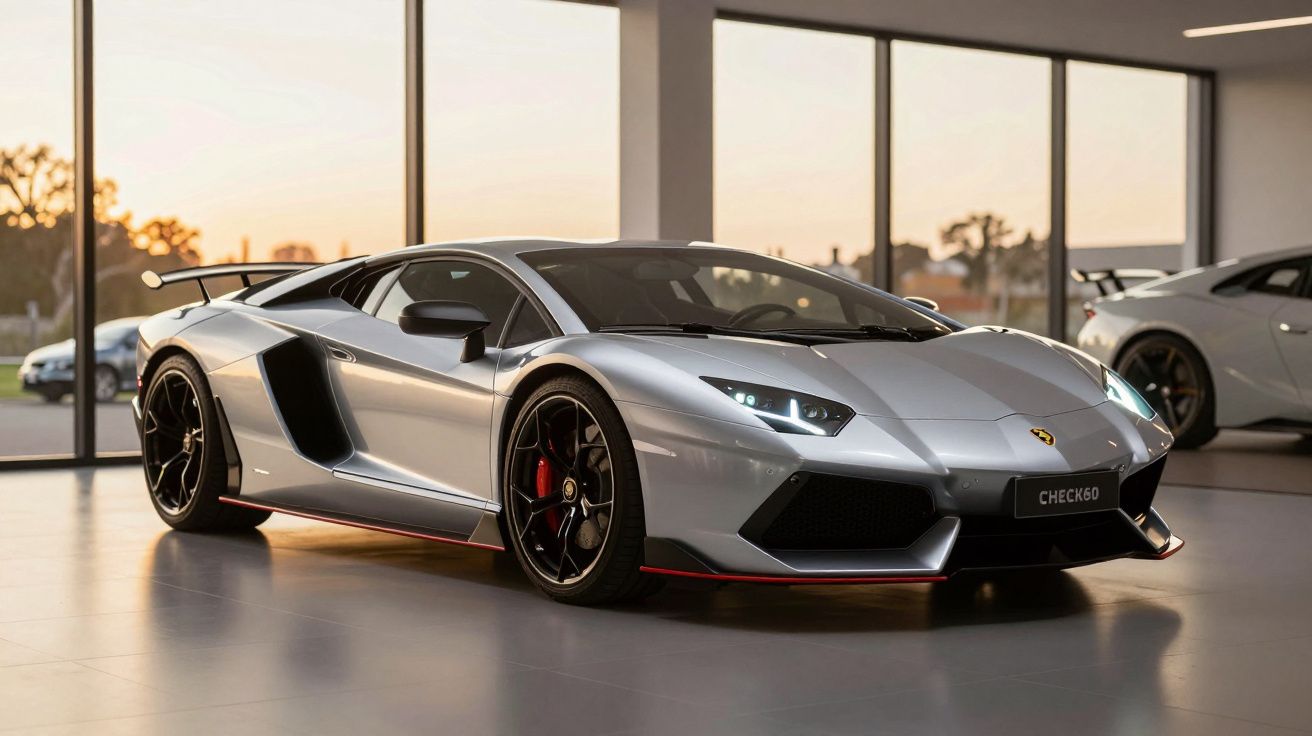 Carro desportivo prateado num showroom, ao pôr-do-sol, com jantes pretas e detalhes em vermelho.