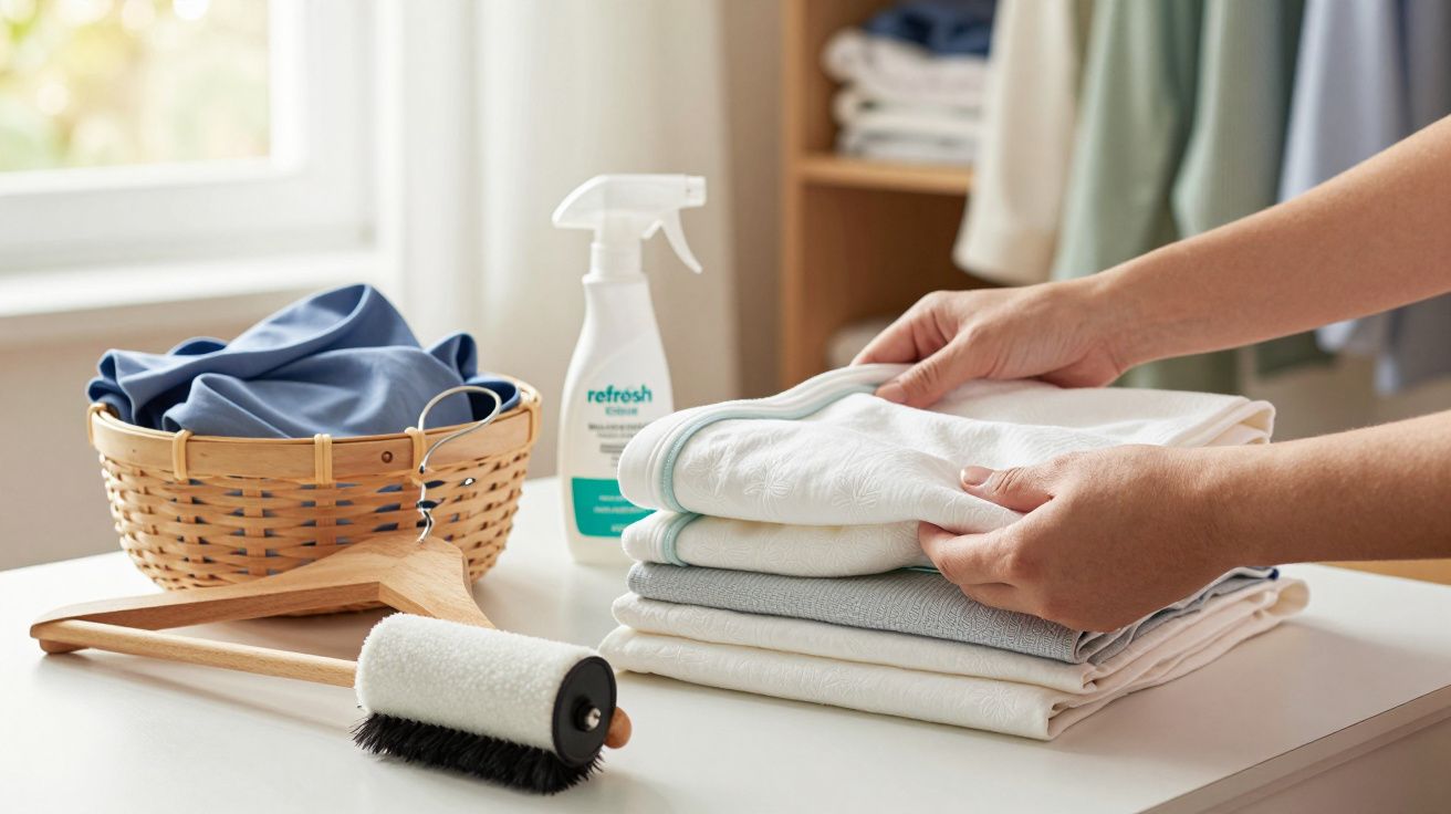 Mãos a dobrar roupa limpa em cima de uma mesa, com cesto de roupa, escova adesiva e spray de limpeza ao fundo.