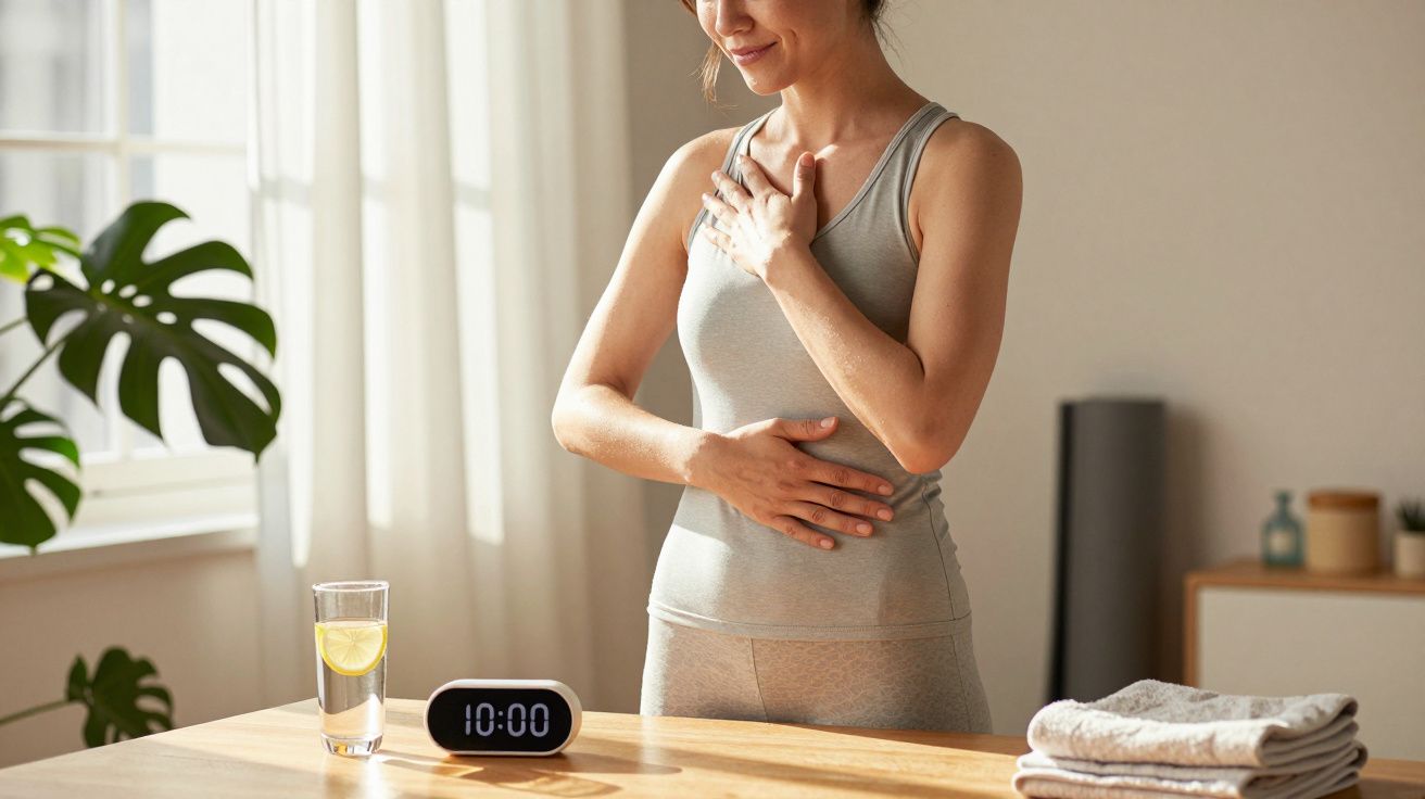 Mulher meditando de manhã numa sala iluminada, com copo de água, relógio a marcar 10:00 e toalhas sobre a mesa.