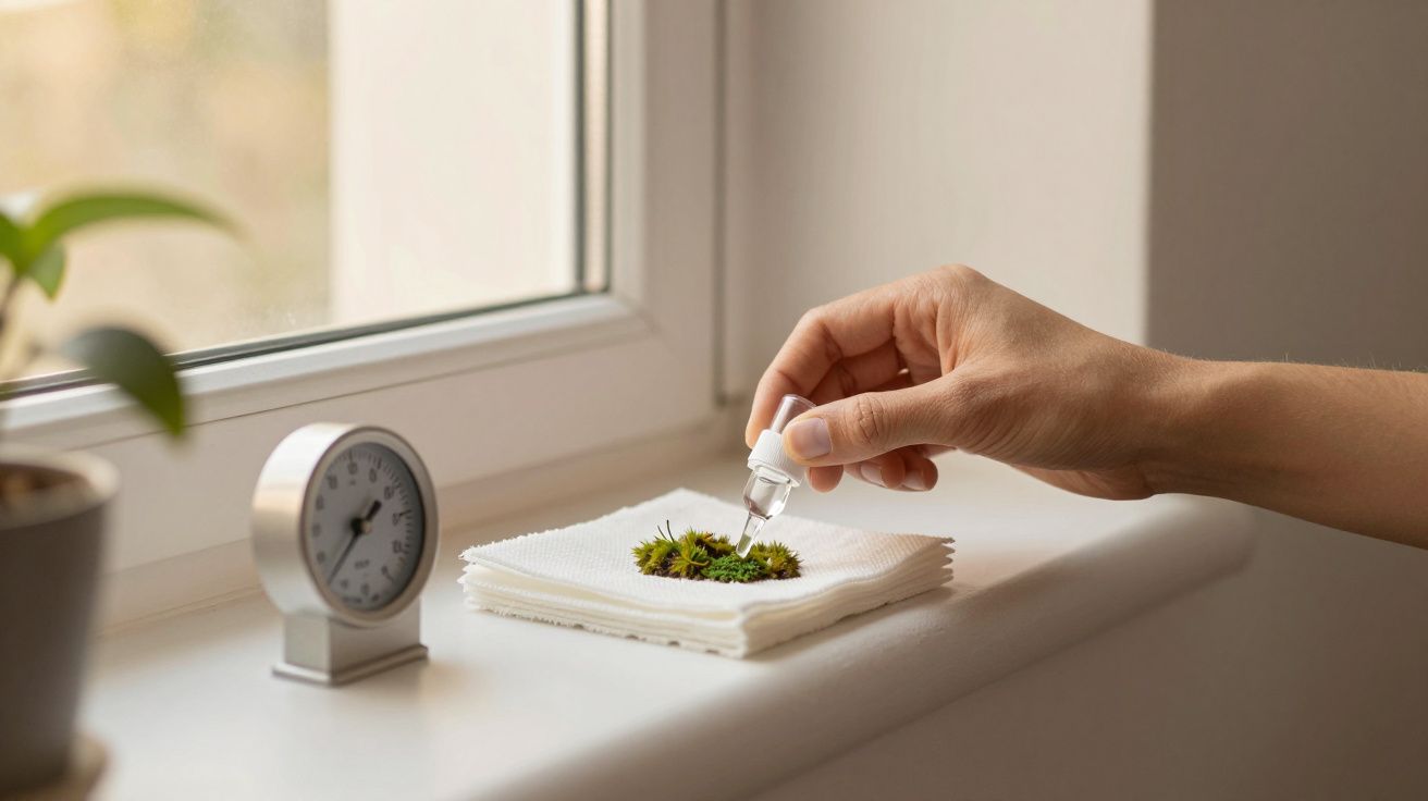 Mão segurando conta-gotas sobre musgo num guardanapo, em parapeito de janela, com relógio ao lado.