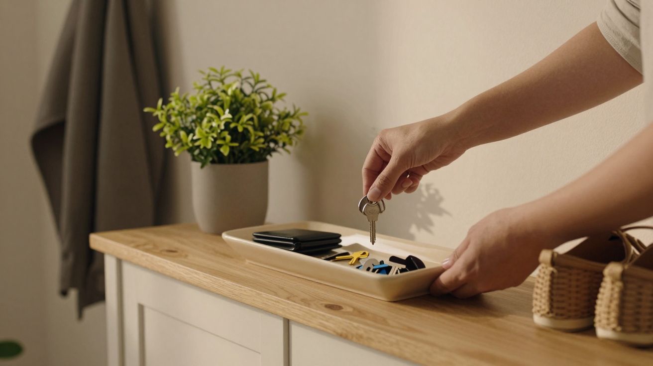 Mão coloca chave num prato com objetos, sobre móvel com planta e casaco pendurado.