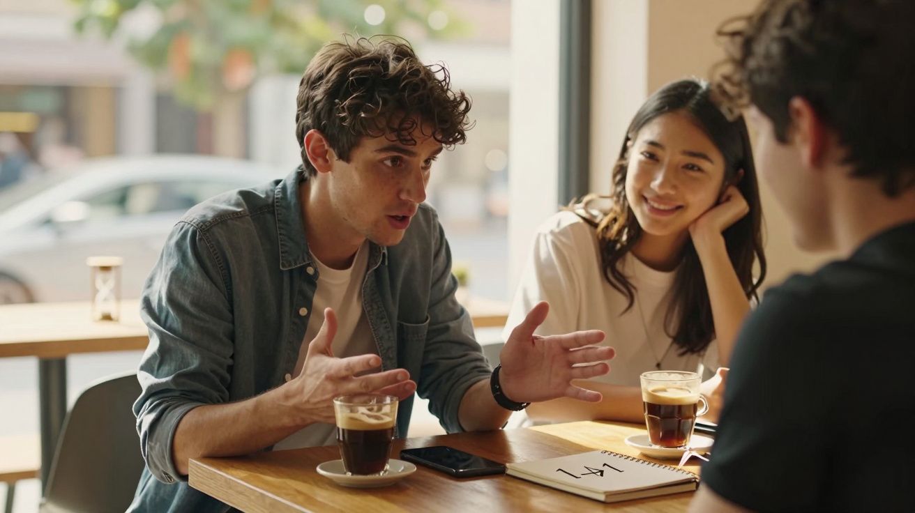 Três jovens numa conversa animada num café, com bebidas e um caderno na mesa, junto a uma janela.