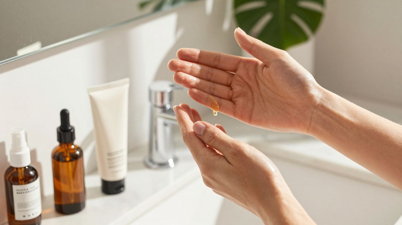 Mãos aplicando sérum facial em casa de banho com frascos de cuidados de pele ao fundo.
