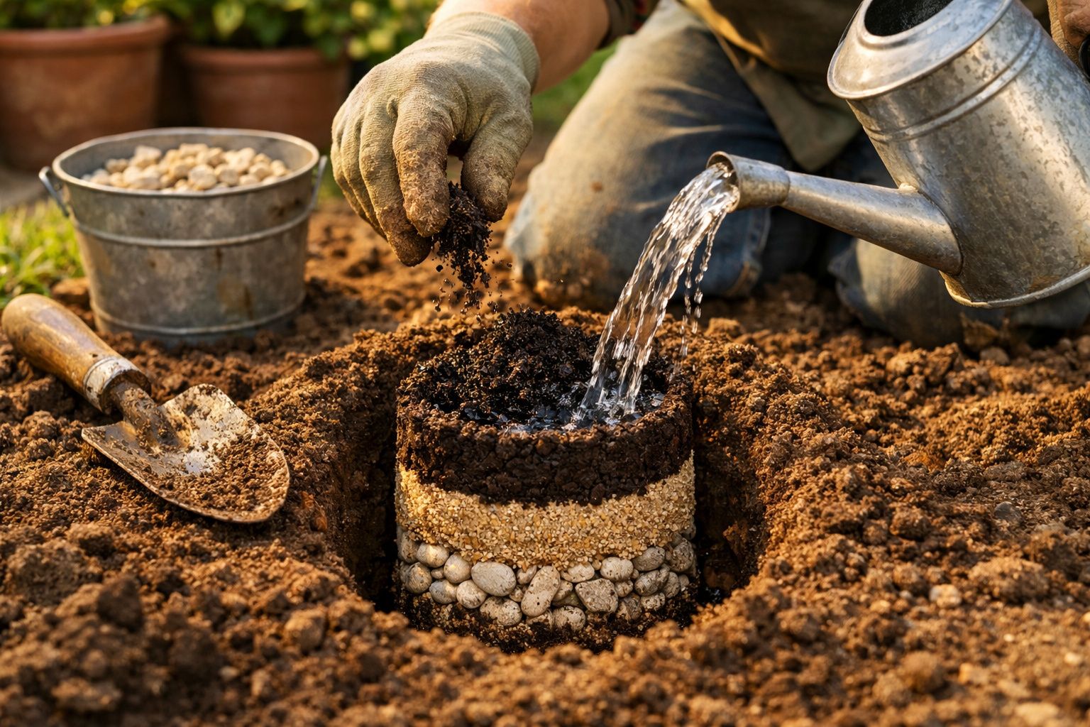 Pessoa a colocar pequenos ovos na terra, com uma tigela de água e uma colher ao lado, em ambiente de jardim.
