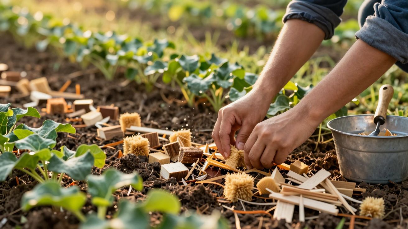 Mãos organizam peças de madeira no solo de uma horta, com folhas verdes ao fundo e um balde de metal ao lado.