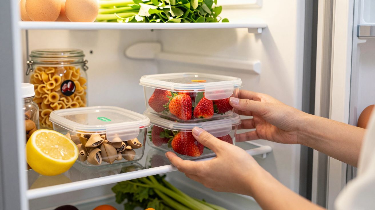 Mãos a organizar alimentos em caixas na prateleira de um frigorífico, com legumes e frutas ao redor.