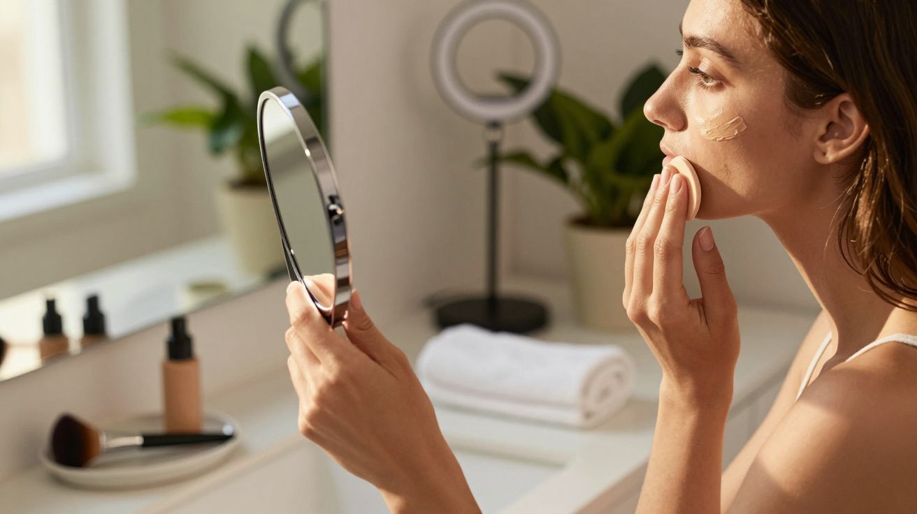 Mulher aplica maquilhagem no rosto com espelho de mão num quarto de banho bem iluminado.