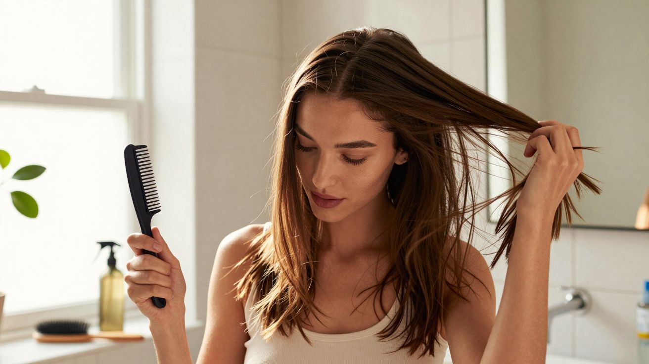 Mulher penteando o cabelo castanho com um pente preto num banheiro iluminado pelo sol.