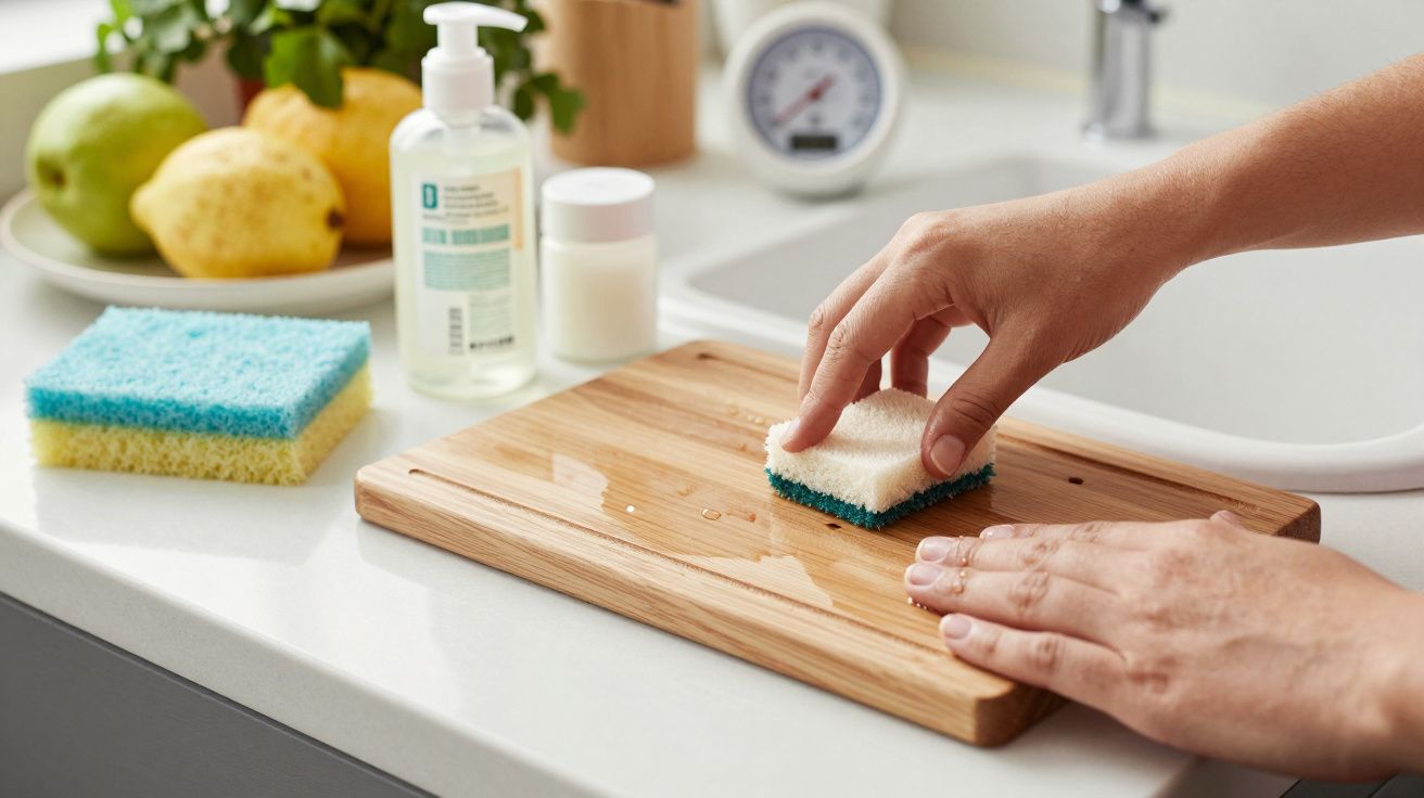 Mão a esfregar uma tábua de corte com uma esponja húmida na cozinha, perto de produtos de limpeza e frutas.