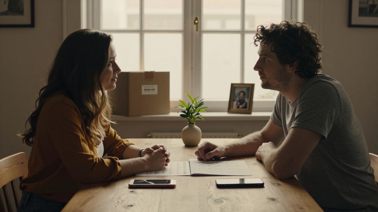 Homem e mulher sentados à mesa, conversando frente a frente. Na mesa, documentos e um vaso de planta.