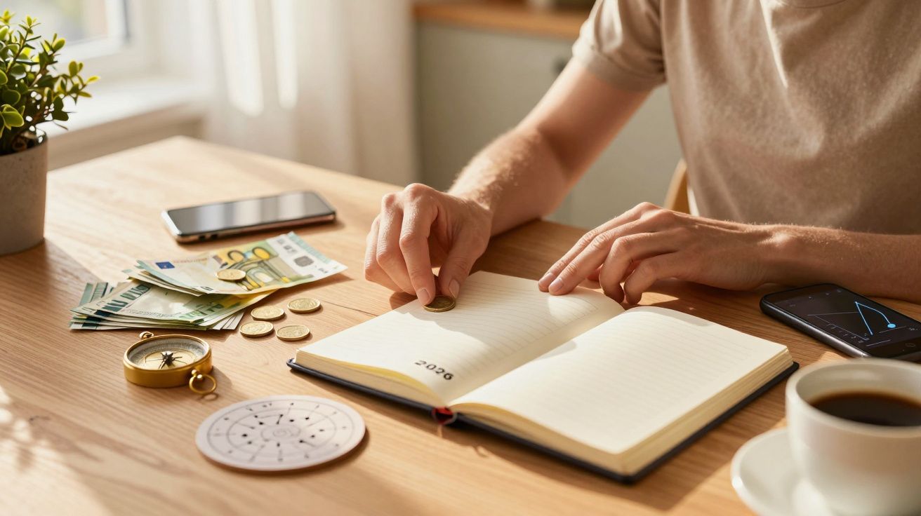 Homem organiza finanças com caderno, euros e moedas sobre mesa de madeira, ao lado de café e telemóveis.