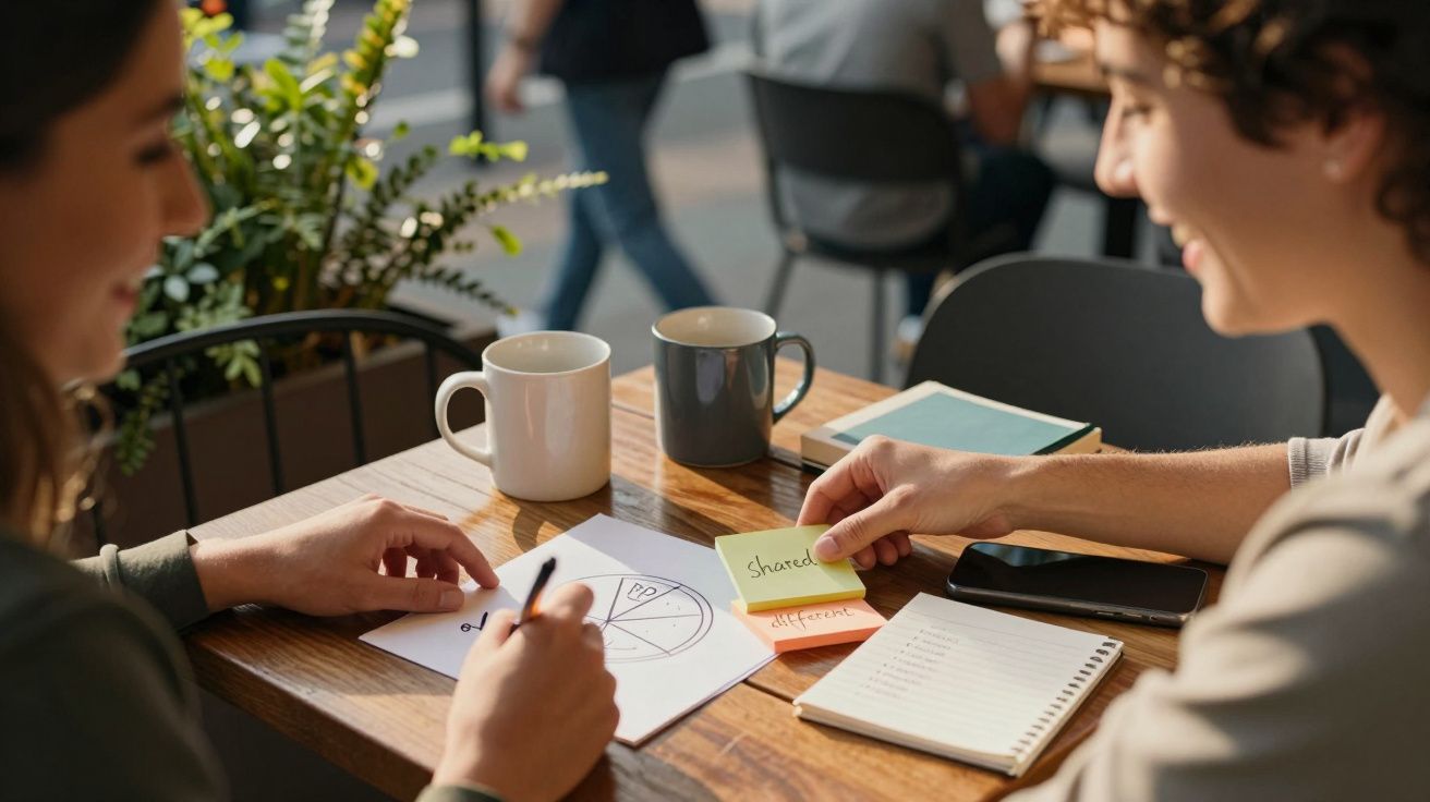 Duas pessoas discutem ideias num café, com chávenas e notas adesivas numa mesa de madeira.