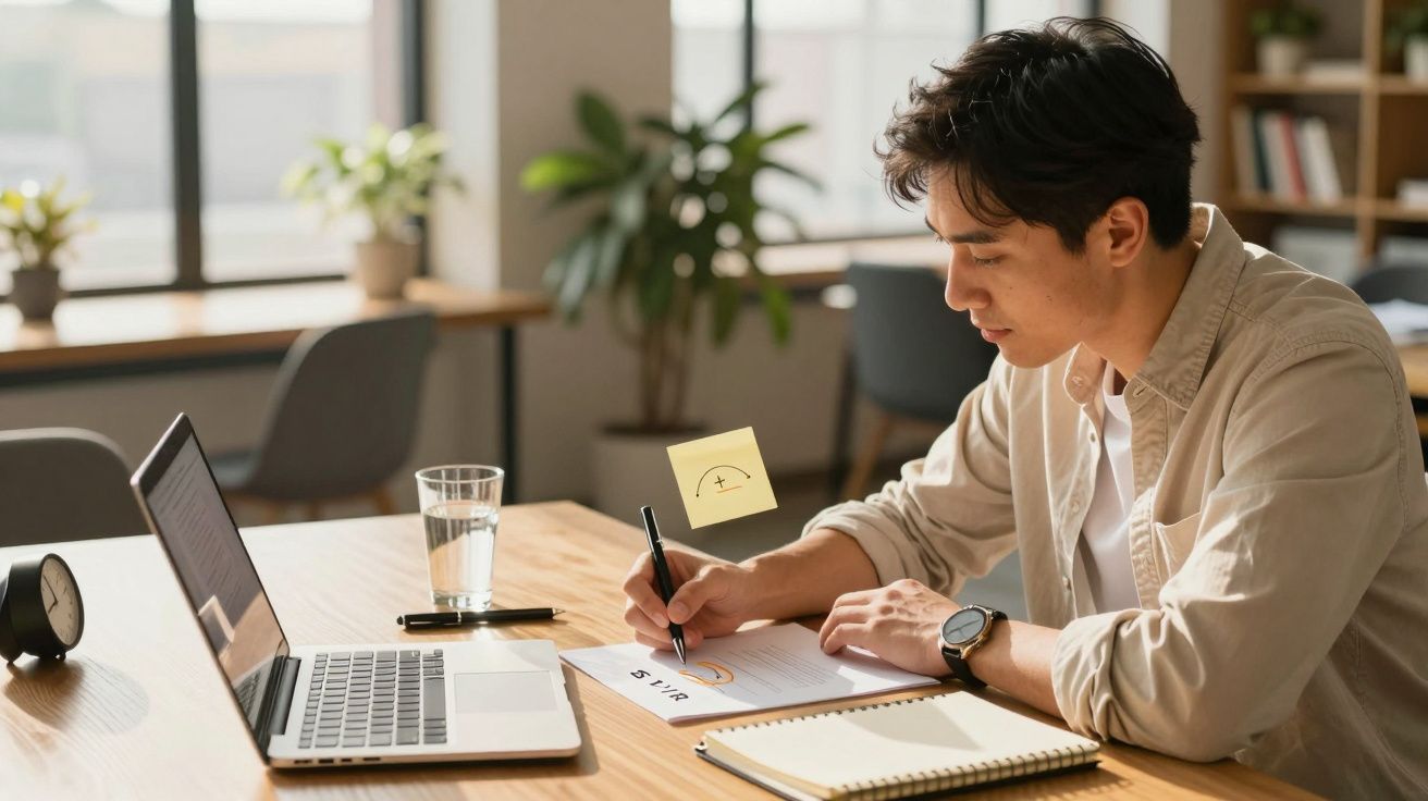 Homem sentado a uma mesa, escrevendo num caderno com um portátil aberto e copo de água ao lado, num ambiente de escritório.