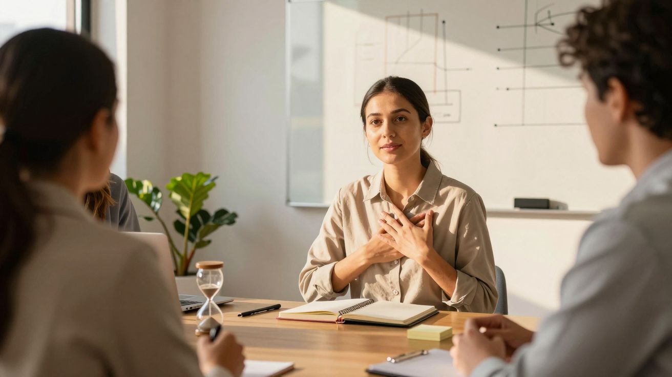 Mulher em reunião, gesticulando com as mãos no peito, rodeada por cadernos e pessoas, num escritório iluminado.