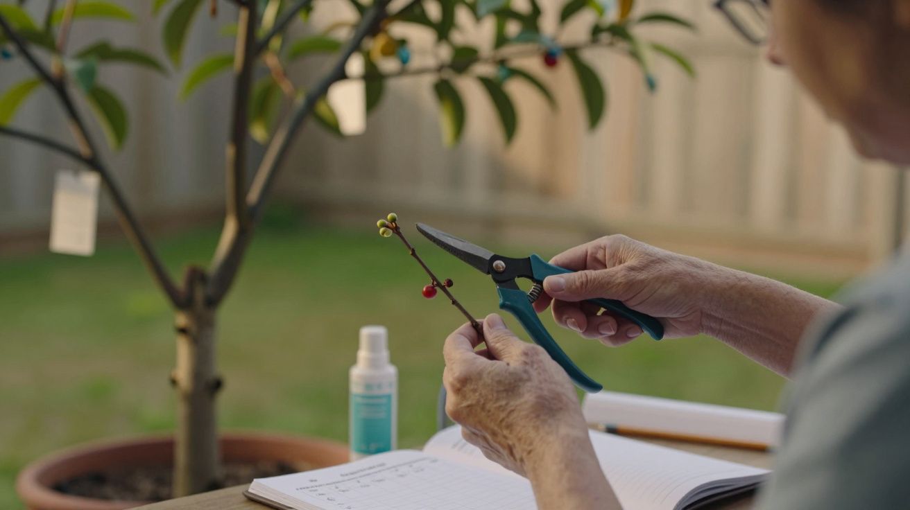 Pessoa podando ramos pequenos no jardim, segurando uma tesoura de poda. Há um caderno aberto à frente.