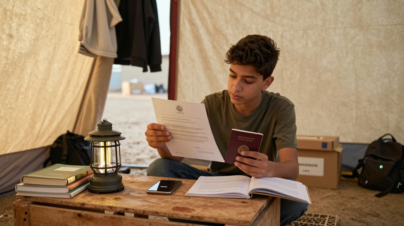 Jovem num acampamento lê documentos e segura um passaporte, rodeado por livros e uma lanterna sobre uma mesa improvisada.